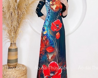 Kant-en-klare Ao dai, o dài nữ may sẵn thiết kế nền hoa đỏ p - zwarte achtergrond - kant-en-klare AO DAI Vietnam