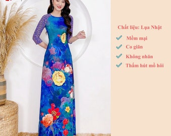Áo dài may sẵn thiết kế nữ thêu trung niên đẹp cách tân tết màu xanh - beautiful middle-aged female design in blue, Pre-made AO DAI Viet nam