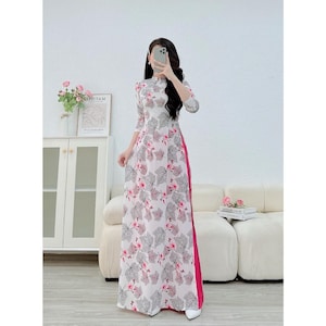 Áo dài nữ truyền thống đẹp - Áo dài, áo dài truyền thống cổ cao tay lỡ áo dài lụa nhật in 6d nhã nhặn MÃ N40 - Pre-made AO DAI Viet nam