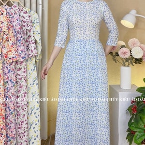 Áo dài lụa nhật HN17 hoa nhí xanh cổ tròn - Ao Dai Small flowers in silk fabric round neck flower - Pre-made Ao Dai Viet Nam