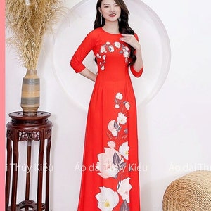 Áo dài nữ truyền thống đẹp - Ao Dai tết cách tân thiết kế nền đỏ cam K34- Red Orange Ao Dai Viet Nam - Pre-made AO DAI Viet nam