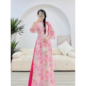 Pre-made Ao dai, áo dài hồng thiết kế 4 tà áo dài nữ tơ ép kết nơ Áo dài MÃ TK153 - Pre-made AO DAI Viet nam