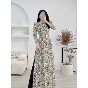 Áo dài nữ truyền thống đẹp - Áo dài nữ, áo dài cách tân hoa nhí lụa nhật cao cấp MÃ N5, Brown Ao Dai Viet Nam - Pre-made AO DAI Viet nam