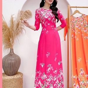 Áo dài thiết kế hoa nhí nền hồng, cách tân  - Ao dai with innovative sewing design on soft, little flower pink background