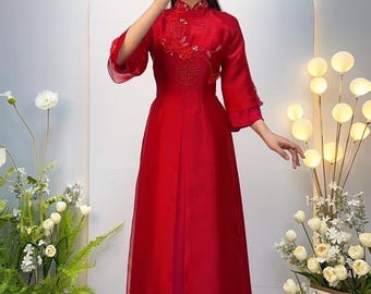 Áo dài nữ truyền thống đẹp - Áo dài cô dâu áo dài cưới cách tân tơ óng xẻ tà màu đỏ - Pre-made AO DAI Viet nam