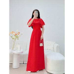 Áo dài nữ truyền thống đẹp -Áo dài đỏ, áo dài cách tân tơ óng 4 tà áo dài thiết kế đính ngọc Áo dài MÃ TK146 - Pre-made AO DAI Viet nam