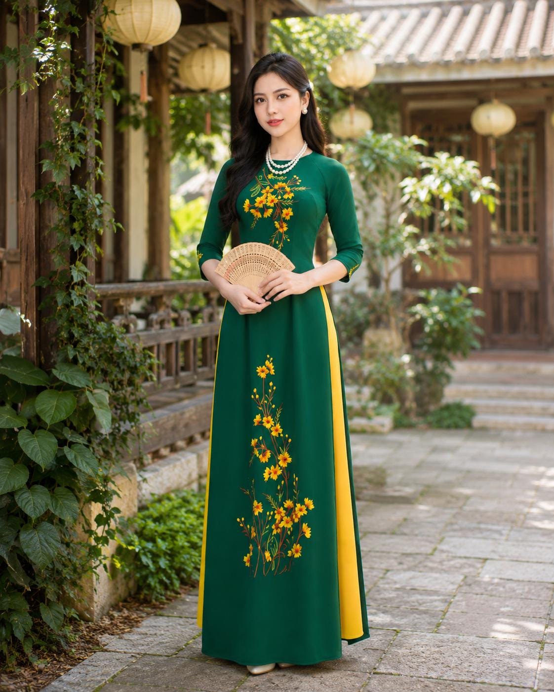 Embroidered Silk Áo Dài - Moss Green Mother of Bride Vietnamese Dress with Stretch Fabric