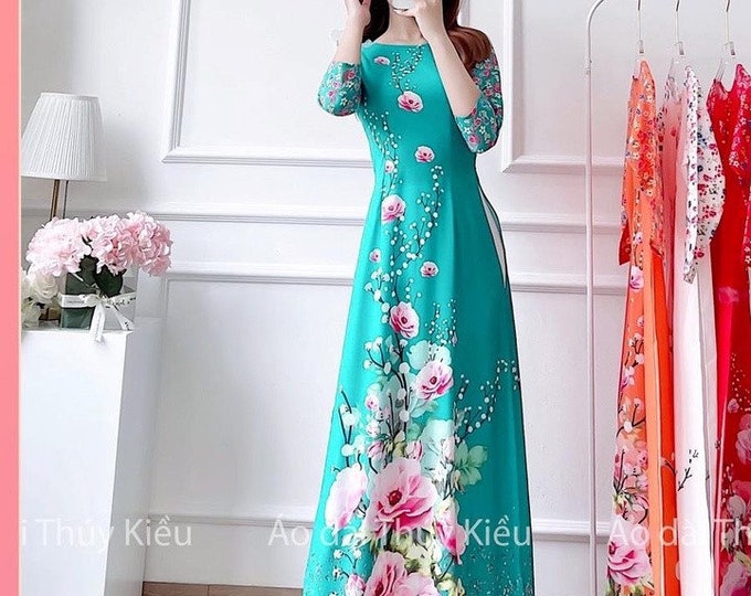 Cyan Embroidery Chiffon Ao Dai Set pre-made Modernized Vietnamese Ao ...