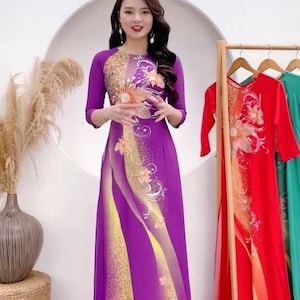 Áo dài Thúy Kiều Áo dài lụa Nhật nền tím óng ánh hoa ngực, Thuy Kieu Ao Dai with purple background with flower chest, Ao Dai Viet Nam