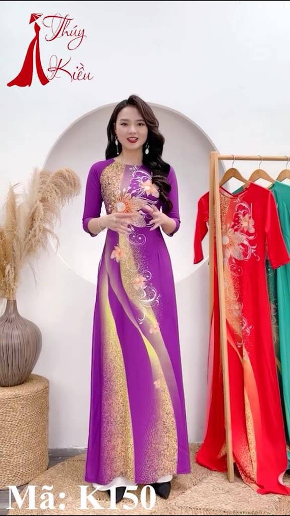 Áo dài Thúy Kiều Áo dài lụa Nhật nền tím óng ánh hoa ngực