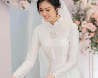 Áo dài nữ truyền thống đẹp - Áo dài cưới áo dài cô dâu truyền thống chữ hỷ màu trắng- Pre-made AO DAI Viet nam