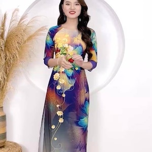 Áo dài nữ truyền thống đẹp - Áo dài cách tân K137 phối hoa loang xanh - Ao Dai with blue flowers - Pre-made AO DAI Viet nam