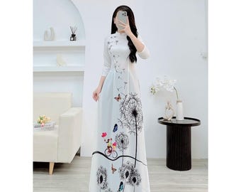 Ao dài, áo dài trắng in họa tiết 6d sắc nét áo dài thiết kế lụa nhật N35- Ao  Dai Women's,  silk ao dai design - Pre-made AO DAI Viet nam