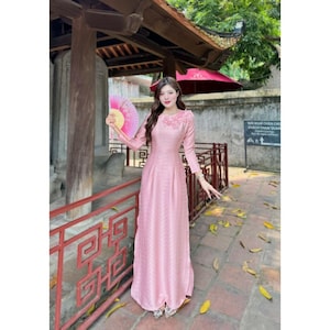 Pre-made Ao dai, Áo dài, áo dài nữ lụa vẫn gỗ dệt thủ công áo dài thiết kế đính hoa nổi Áo dài MÃ TK127 - Pre-made AO DAI Viet nam