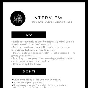 Puede incluir: Infografía en blanco y negro titulada "INTERVIEW DOS AND DON'TS CHEAT SHEET". La sección "DO" enumera consejos como mantener el contacto visual y mantener la calma. La sección "DON'T" advierte contra acciones como cruzar los brazos o interrumpir.