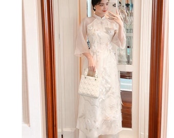 Weiß gesticktes Ao Dai Set | Vietnamesisches Kleid | Ao Dai für Frau | Ao Dai für Mädchen | Ao Dai Passend Pink Hose Versandfertig