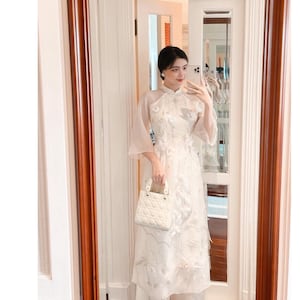 White Embroidered Ao Dai Set| Vietnamese Dress | Ao Dai For Woman| Ao Dai For Girls| Ao Dai Matching Pink Pants Ready to ship