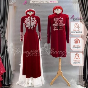 Velvet Ao Dai for Couples with Hỷ character on sleeves-Áo dài Nhung cặp đôi nam nữ-bridal Dress ,Ao Dai For wedding, Pre-made Ao Dai