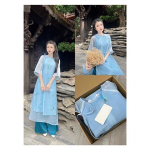 Modern Blue Ao Dai with Embroidered Flowers | Silk Chiffon Vietnamese Dress