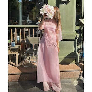 Pink Modern Ao Dai with 4 Tails Embroidered with Cherry Blossoms-Áo Dài Cách Tân Hồng  4 Tà Thêu Hoa Anh Đào- Traditional Ao Dai For Women