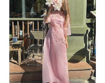 Pink Modern Ao Dai with 4 Tails Embroidered with Cherry Blossoms-Áo Dài Cách Tân Hồng  4 Tà Thêu Hoa Anh Đào- Traditional Ao Dai For Women