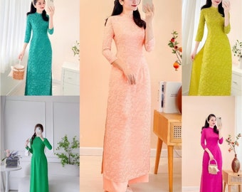 Brocado de seda Ao Dai con patrón-Áo Dài Gấm Tơ Họa Tiết- Ao Dai para niñas, Ao Dai Tet Vietnam prefabricado