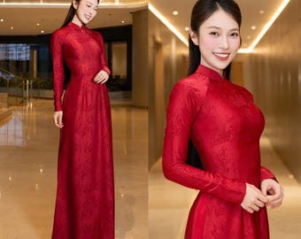 Traditional Ao Dai – Brocade Floral Ha Cuc Pattern, Ready-Made Vietnamese Dress for Weddings, Engagements & Festive Events