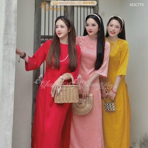 Áo dài cách tân nữ Gấm dáng suông xưa-Women&#39;s Ao Dai, Ancient Straight-cut Brocade- Pre-made Ao Dai Tet Viet Nam