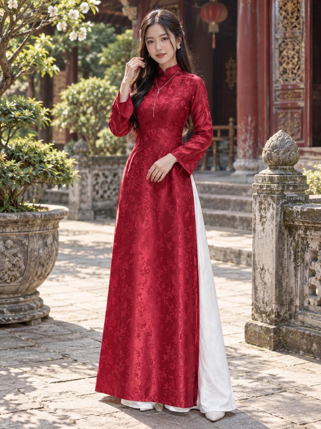 Traditional Vietnamese Ao Dai Brocade Dress - Floral Pattern Silk Gown