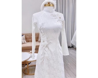 Áo dài cho cô dâu màu trắng-White bridal gown Vietnamese Dress | Ao Dai For Woman| Ao Dai For Girls, Pre-made Ao Dai Tet Viet Nam