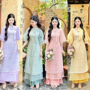 Traditionele ao dai voor dames met 4 kleine bloemenrokjes - Ao Dai For Girls, kant-en-klaar Ao Dai Tet Vietnam