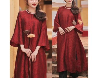 Women&#39;s red silk ao dai with straight cut-Áo dài gấm dáng suông màu đỏ đô- Ao Dai for Girls, Ao Dai for Women ,Pre-made Ao Dai Tet Viet Nam