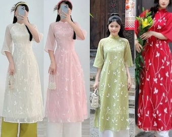 Pre-made Ao Dai Viet nam - Vietnamese Ao Dai Soft Silk Dress (Áo dài cách tân hoa nhí tay loe) - Luxury Ao Dai Cao Cap Design