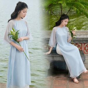 Women&#39;s modern ao dai with round neck-Áo dài cách tân nữ cổ tròn- Pre-made Ao Dai Tet Viet Nam- Ao dai for women| Vietnamese longdress