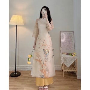 Beige Chiffon Chiffon Ao Dai-Áo Dài Cách Tân Nữ Voăn Màu Be Pre-made Ao Dai Tet Viet Nam