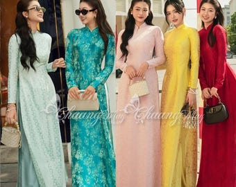 Ao Dai tradicional vietnamita | Tecido brocado Thanh Lieu | Estampa floral pequena | Vestido Áo Dài clássico e elegante