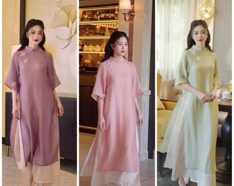 Áo dài cách tân 4 tà tay phối oganza-Innovative 4-sleeve dress with oganza-Pre made Ao Dai