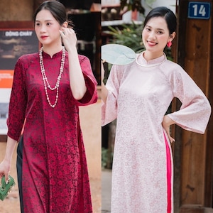 Ancient Straight Ao Dai with Embossed Brocade-Áo Dài Dáng Suông Xưa Gấm Hoa Nổi ,Pre-made Ao Dai Tet Viet Nam, Ao dai Wedding