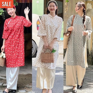 Women&#39;s modern ao dai with loose shape and floral motifs -Áo dài cách tân nữ dáng suông họa tiết hoa nhí- Pre-made Ao Dai Tet Viet Nam