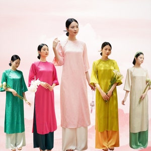 Women&#39;s modern ao dai with bow shape-Áo dài cách tân nữ Gấm tơ - Ao Dai For Woman| Ao Dai For Girls, Pre-made Ao Dai Tet Viet Nam