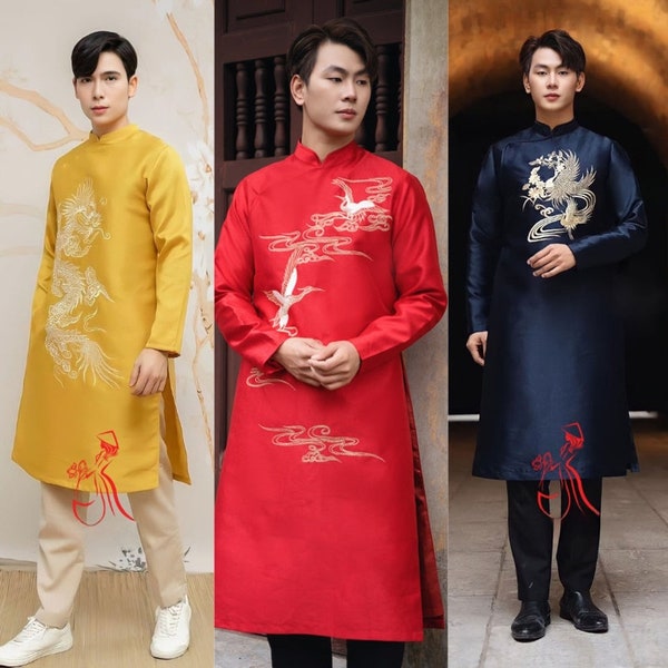 Vietnamese Traditional Long Dress for Man, Vietnamese Ao Dai for Boys, Ao Dai Cach Tan cho Nam