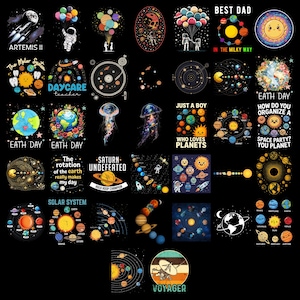 Könnte beinhalten: Eine Sammlung farbenfroher Grafikdesigns auf schwarzem Hintergrund. Die Designs zeigen Planeten, Astronauten und Himmelskörper. Texte umfassen "ARTEMIS II", "DAYCARE teacher", "BEST DAD", "EATH DAY", "SOLAR SYSTEM" und "VOYAGER".
