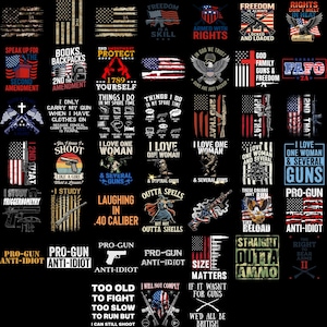 May include: A collection of graphic designs featuring patriotic themes, firearms, and text. The designs include American flags, eagles, and phrases like "2nd Amendment," "Freedom," and "Pro-Gun." The color palette is primarily red, white, blue, and black.