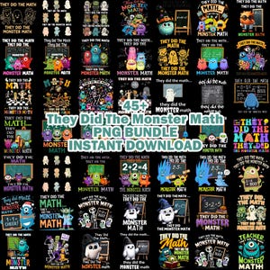 Könnte beinhalten: Eine digitale Sammlung von über 45 Grafikdesigns mit bunten Monstern, Skeletten und Geistern, die mit Tafeln und mathematischen Gleichungen interagieren, begleitet von dem wiederkehrenden Text They Did The Monster Math auf schwarzem Hintergrund.