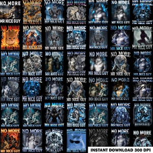May include: A collection of digital art prints featuring various monster-like characters with the phrases "NO MORE" and "MR NICE GUY". The images are in a variety of colors and styles, with a black background.
