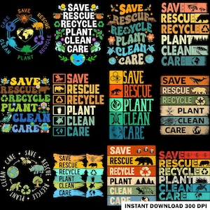 以下が含まれることがあります： さまざまなフォントと色で「Save, Rescue, Recycle, Plant, Clean, Care」という言葉を使ったグラフィックデザインのコレクション。動物、植物、地球のイラストが含まれており、環境意識を促進しています。