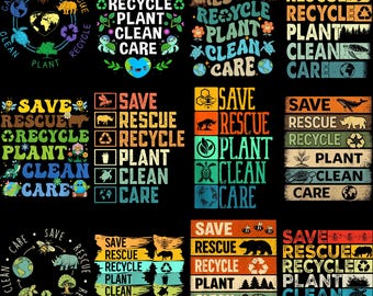 Paquete PNG de más de 10 imágenes prediseñadas para salvar, rescatar, reciclar, plantar, limpiar y cuidar; conservación de ballenas, rinocerontes y tortugas del Día de la Tierra (estilo vintage); sublimación de naturaleza y medio ambiente.