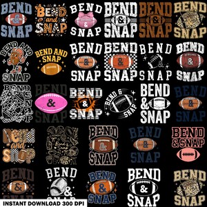 Puede incluir: Una colección de treinta diseños gráficos digitales con el texto Bend and Snap y varias ilustraciones de balones de fútbol americano, incluyendo balones marrones, rosas y estampados, dispuestos en una cuadrícula sobre fondo negro.