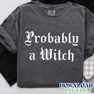 May include: A charcoal gray crew neck t-shirt with a washed-out finish. The front features the white text "Probably a Witch" printed in a bold, gothic-style font. The shirt has short sleeves and a standard collar with a visible interior brand label.