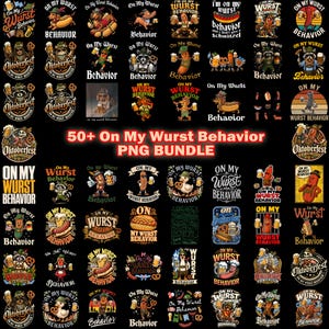 May include: A digital collection of over 50 graphic designs featuring sausages, pretzels, beer steins, and raccoons with the text On My Wurst Behavior and Oktoberfest. The illustrations use a variety of colorful cartoon styles on black.